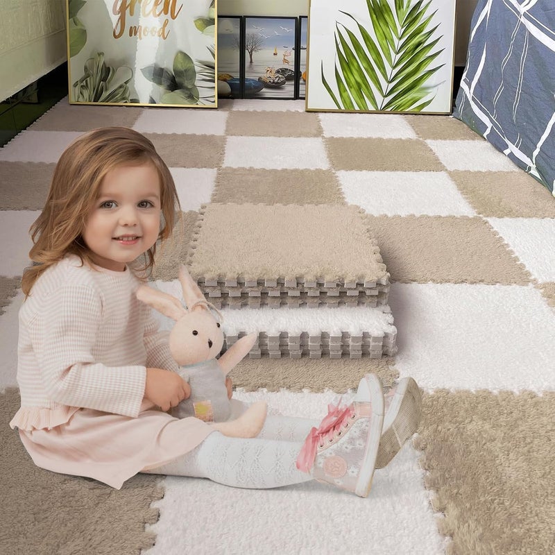 JADERLU 16pcs 0.6" Thickened Interlocking Tile Mats,Fluffy Shaggy Soft EVA Foam Area Rug for Living Room & Bedroom,Non-Slip Protective Floor Carpet Play Mat Kids Baby Dorm Home Decor (11.8ft, Khaki) - Image 4
